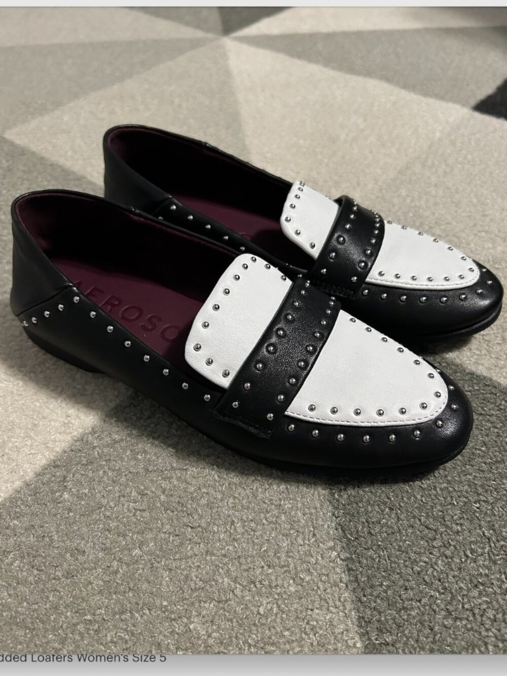 AEROSOLES Beatrix Black and White Soft Leather Studded Loafers Women's Size 5